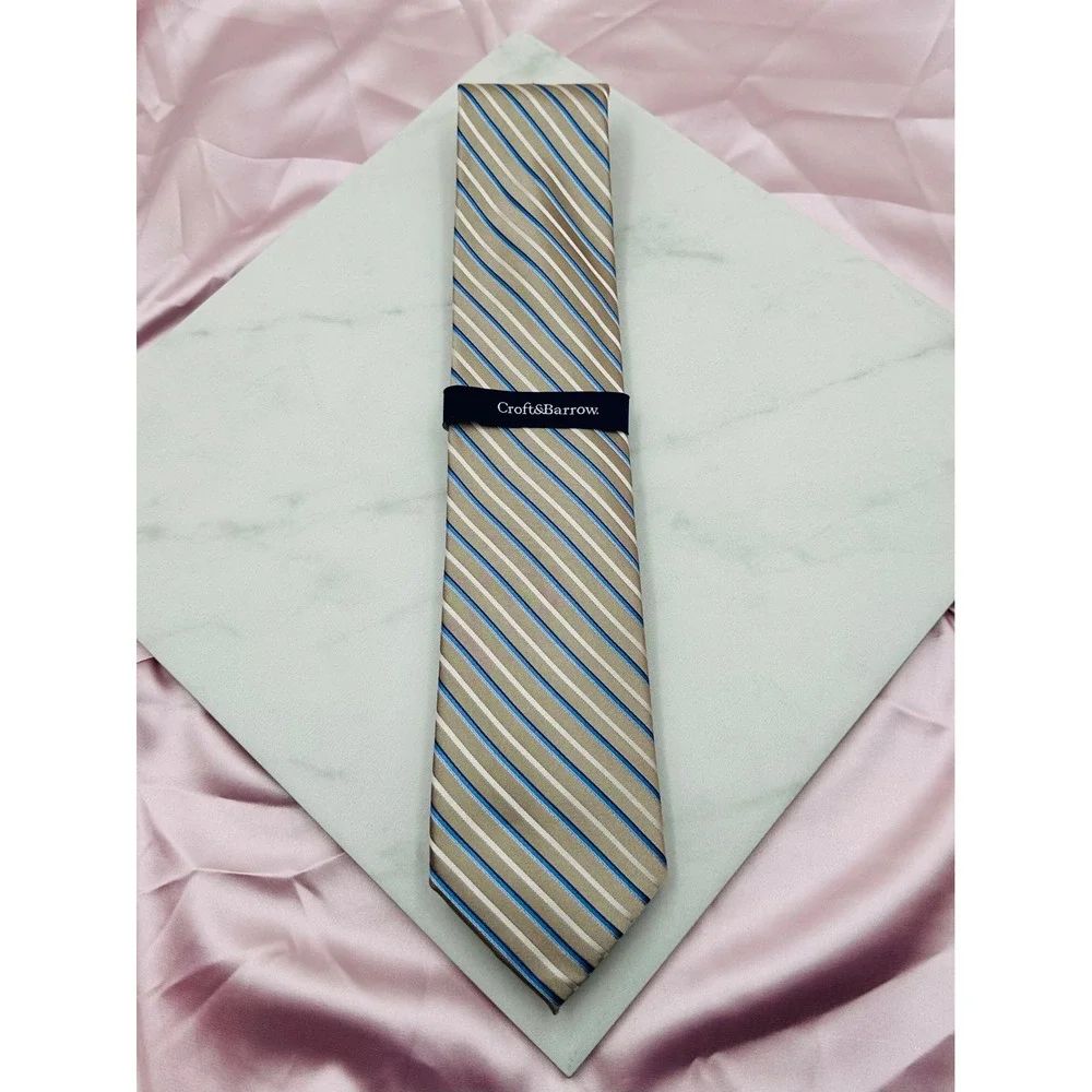 NWT Croft & Barrow Mens Silk Tie Taupe Blue White Striped Nathaniel Core